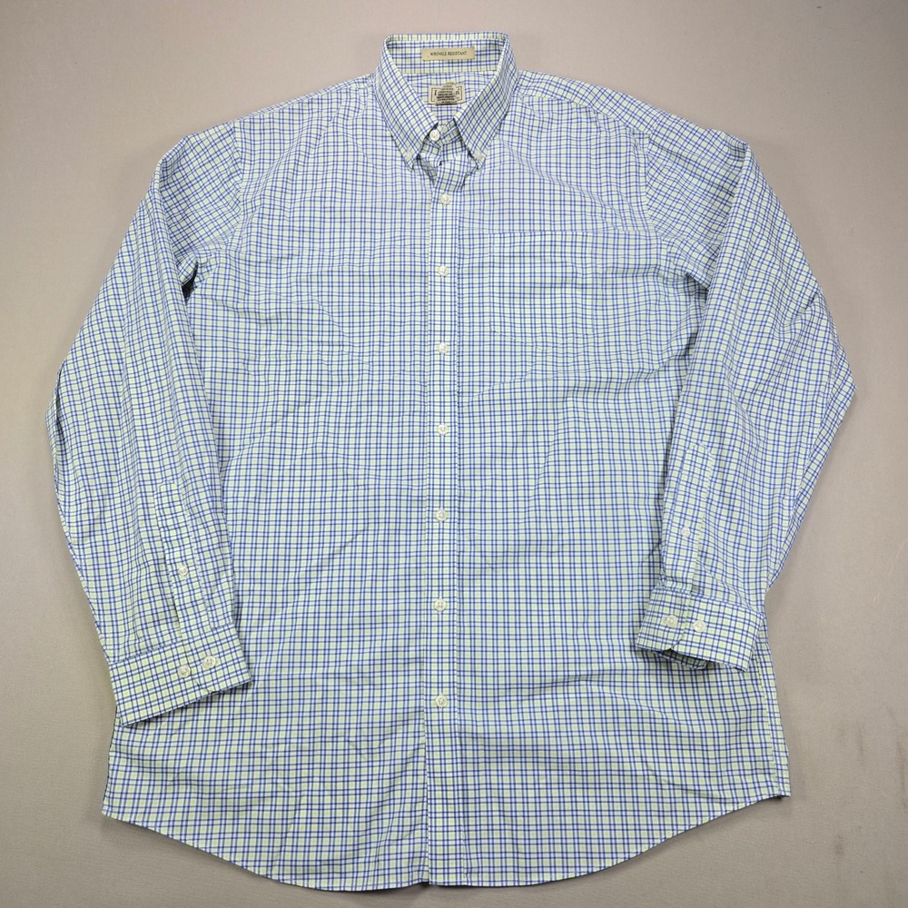 LL Bean Button Down Shirt Wrinkle Resistant Plaid Check Blue Green Mens L Tall